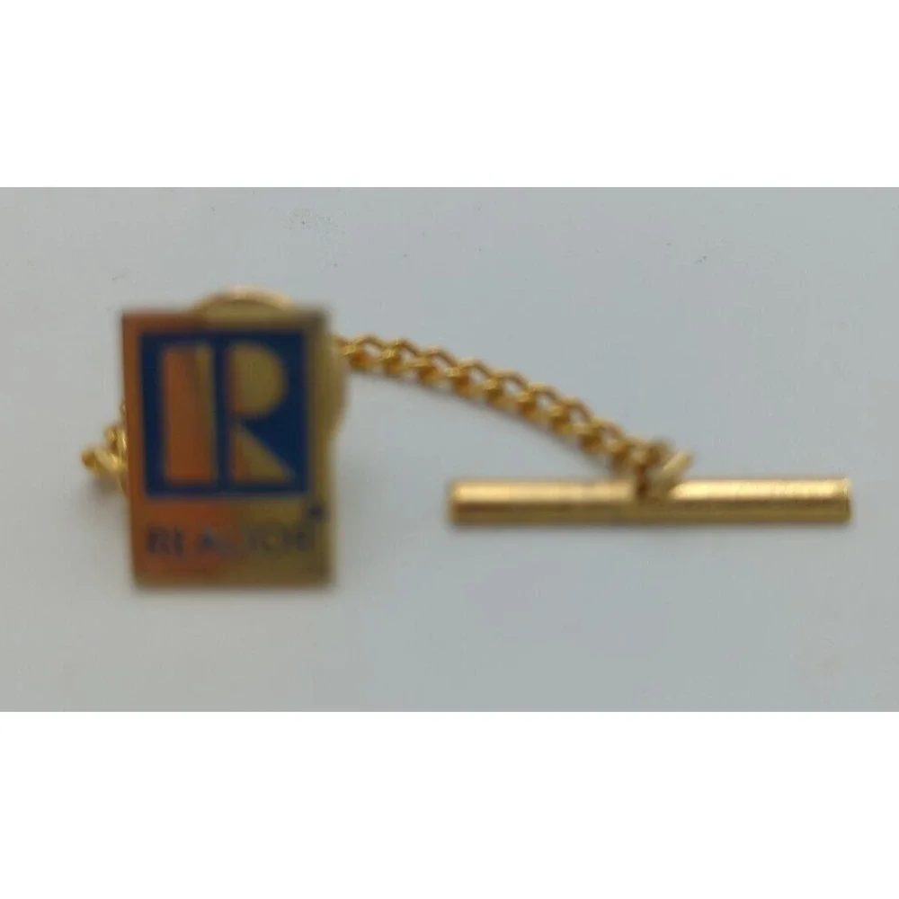 Vtg Realtor Tie Tack Pin  Chain And Bar Goldtone Blue Enamel Real‎ Estate